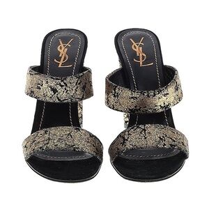 Yves Saint Laurent Black Slide Mules with Gold Metallic Accents